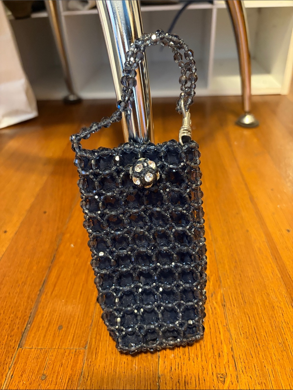 Beaded Navy Evening Mini Bag with Crystal Button
